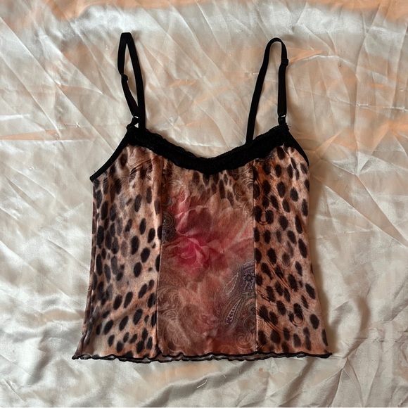Yukiko Tops - Y2K leopard floral lace cami